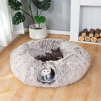Warm feline hiding spot and soft round cat bed combo setup