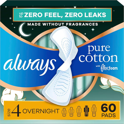 Always Pure Cotton FlexFoam Pads Size 4 Overnight 60 count front packaging showing 100% cotton top layer.