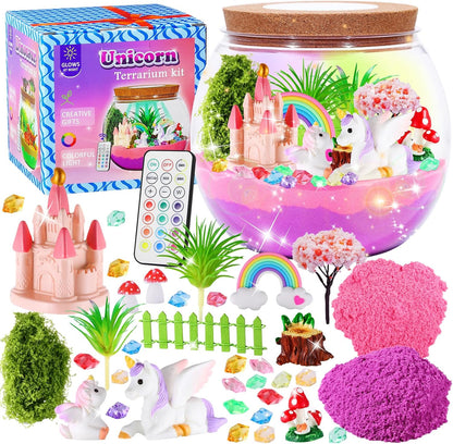 Hannstar Unicorn Terrarium Crafts Kit front view of illuminated jar packaging