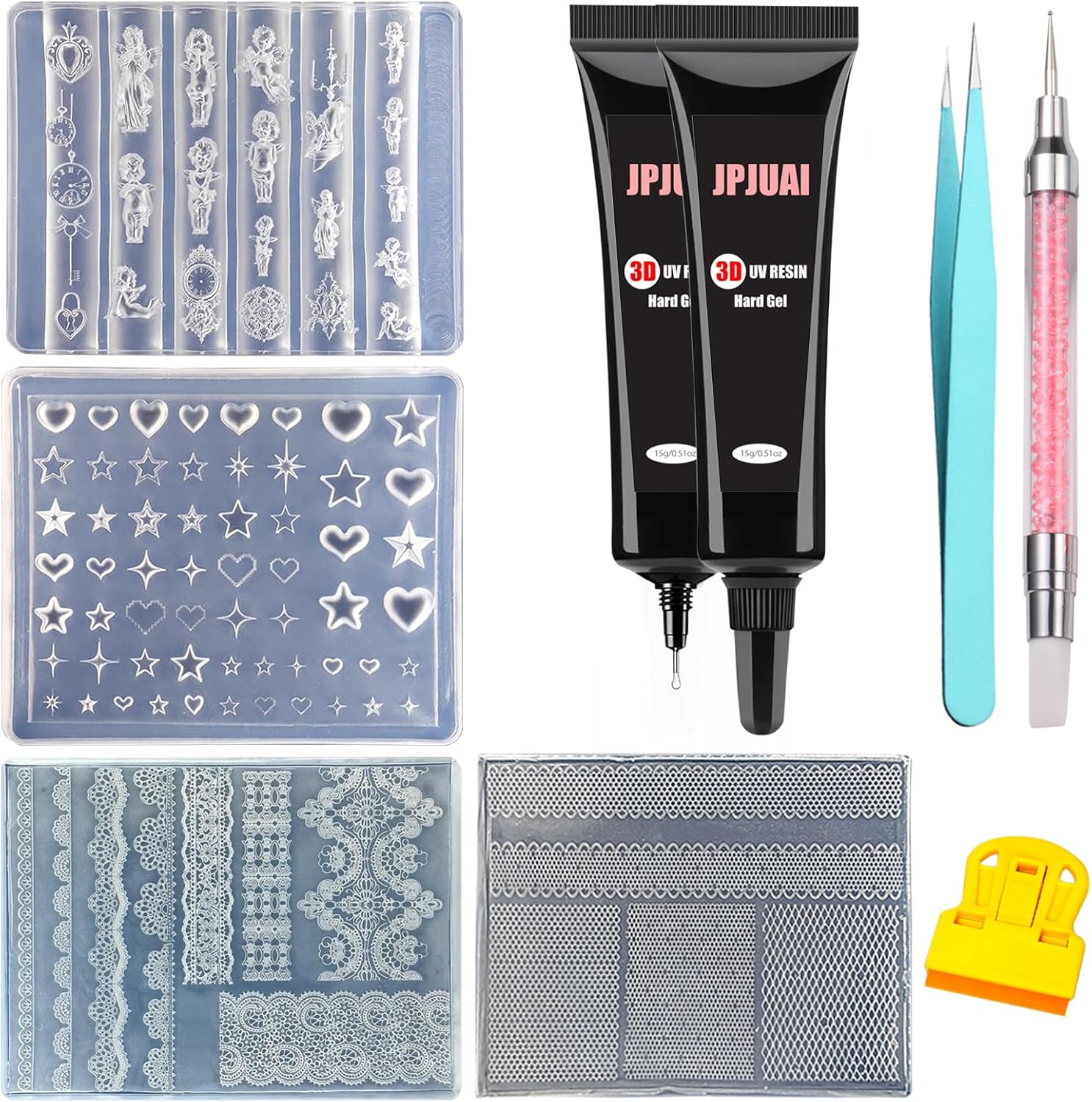 Jpjuai 3D nail art mold kit front view showing packaging and clear hard gel tubes.