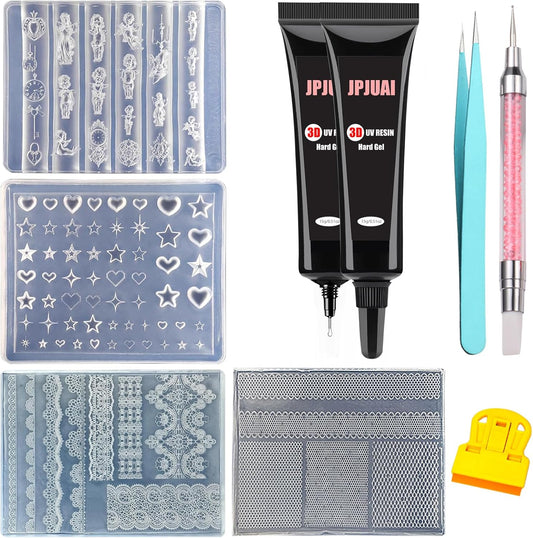 Jpjuai 3D nail art mold kit front view showing packaging and clear hard gel tubes.