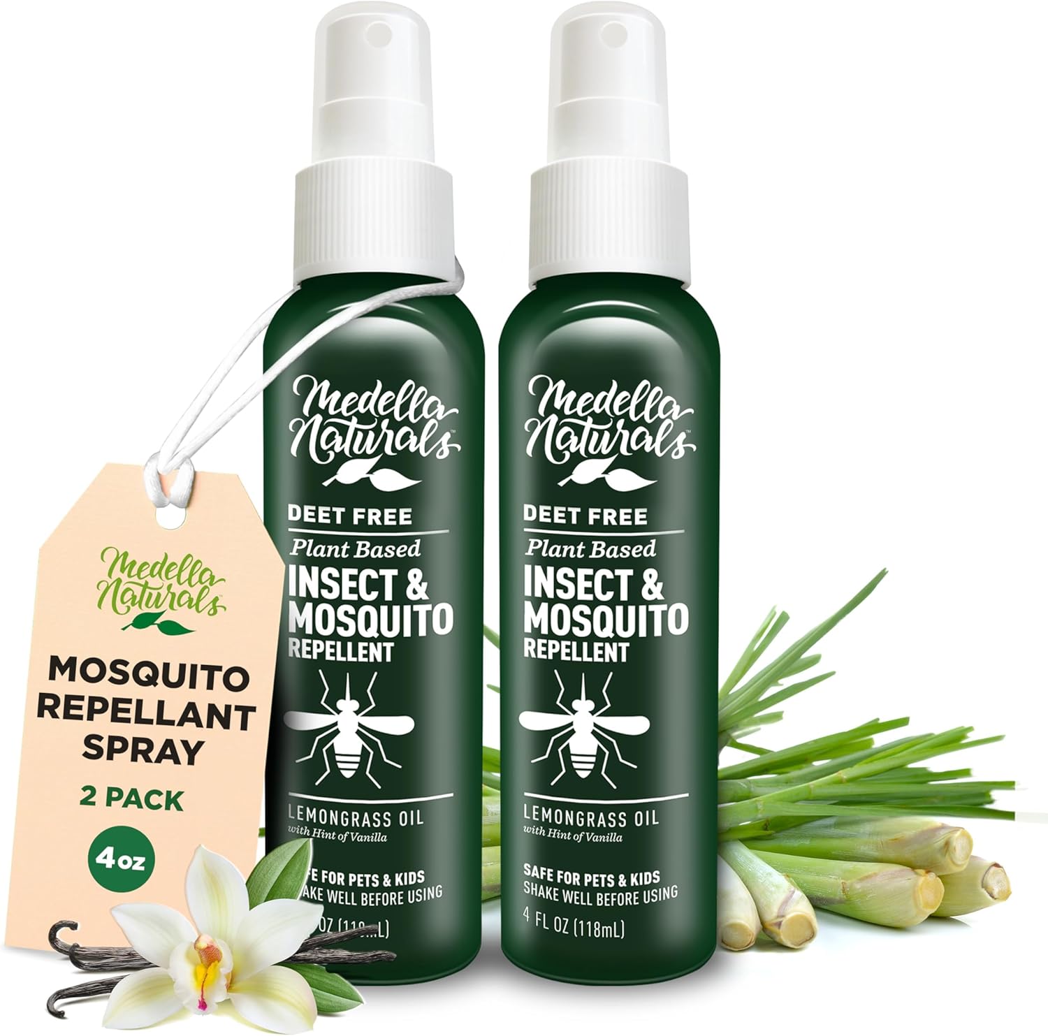 Medella Naturals DEET-Free Insect and Mosquito Repellent front view showing the four ounce bottle pack.
