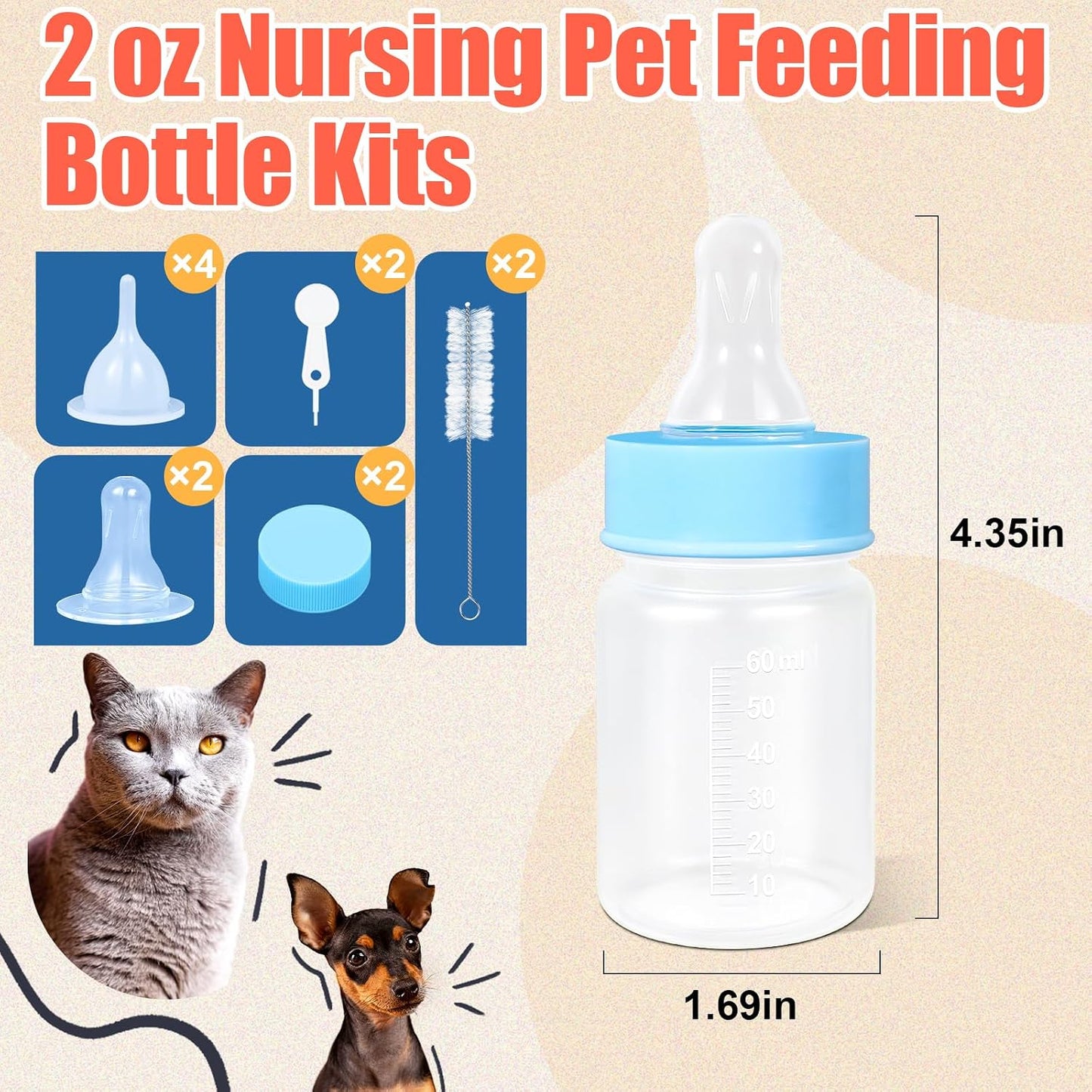 DEMORA Kitten Bottle Feeding Kit, Graduated Nursing Feeding Bottles for Pet Kitten Puppy Hamster Rabbit with Two Kinds of Replaceable Nipples Feeder (Clear, 2 oz) - Image 7
