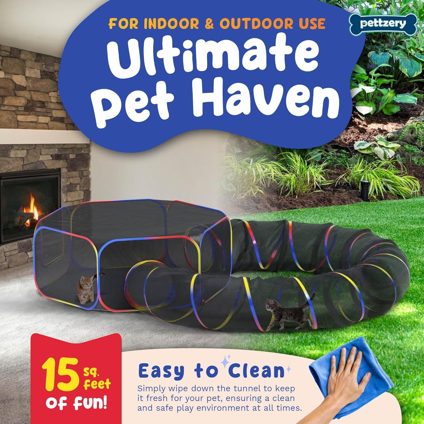 Pop up pet tent and tunnel system setup in a garden layout
