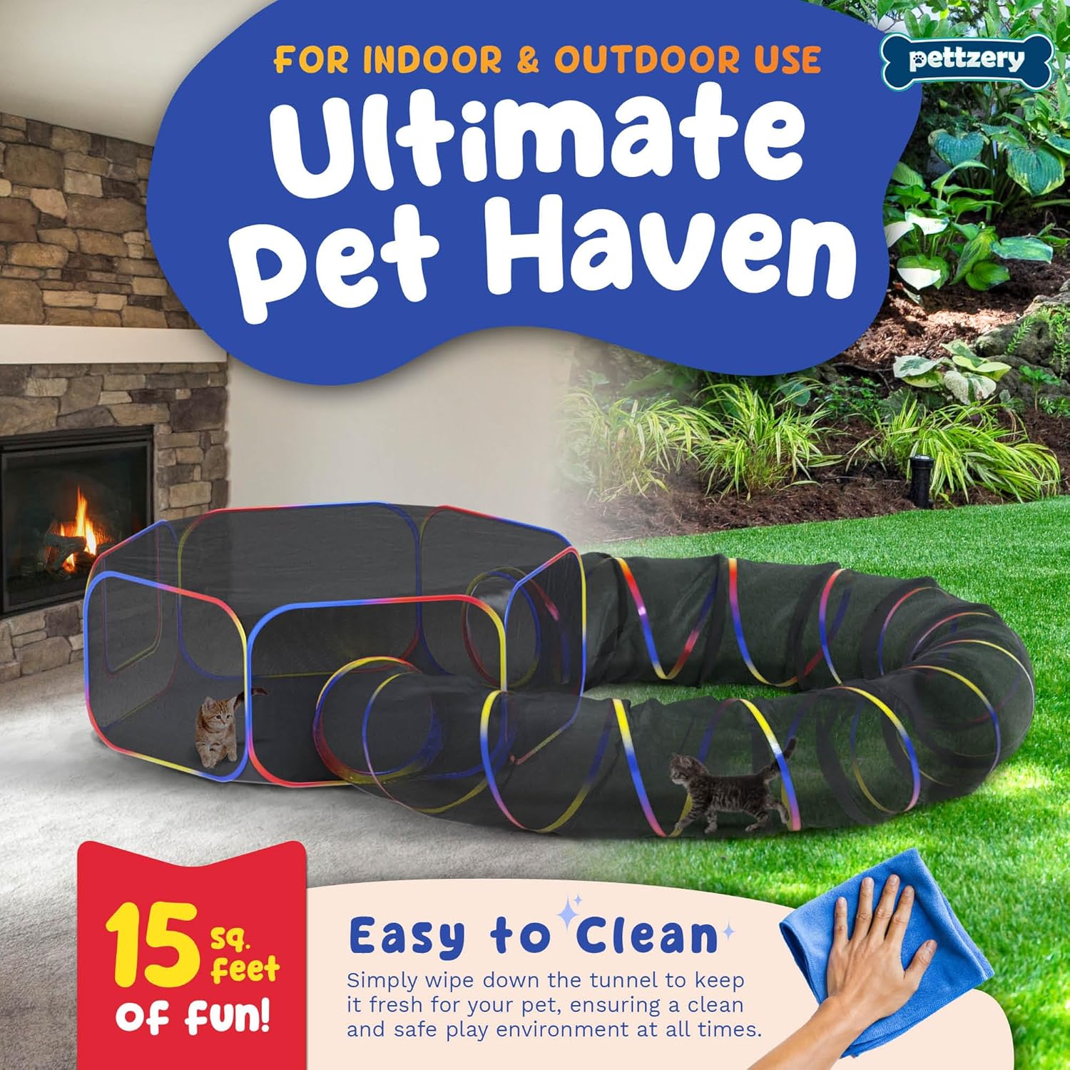 Pop up pet tent and tunnel system setup in a garden layout