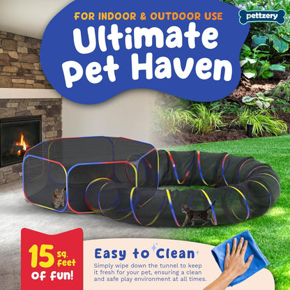 Pop up pet tent and tunnel system setup in a garden layout