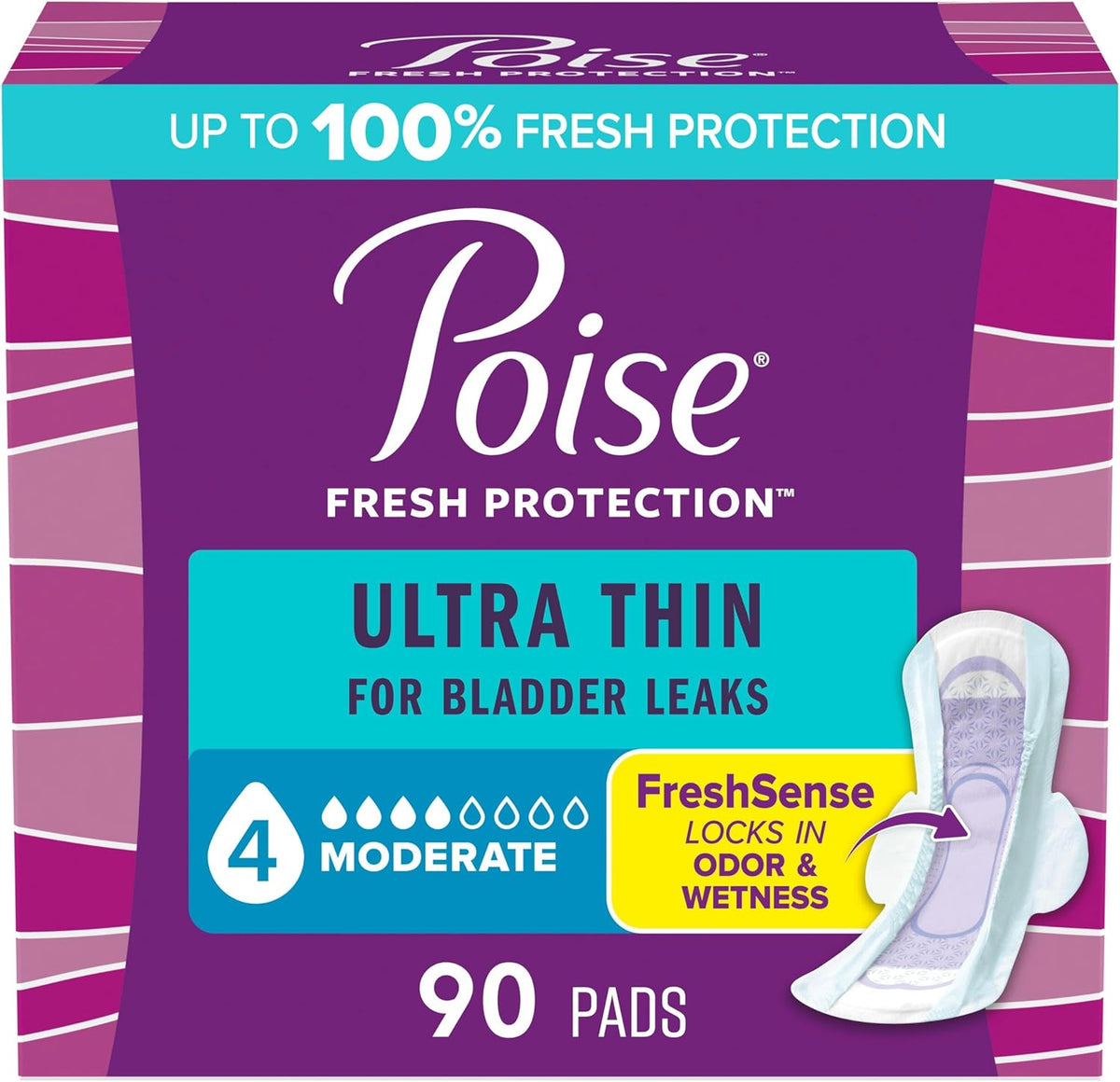 Poise Ultra Thin Incontinence and Postpartum Pads front view package showing moderate absorbency level four drop rating