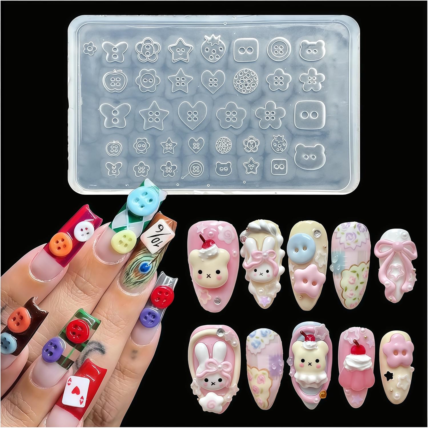 BHCCXZ 3D buttons gel nail art mold front view showing multiple small shapes for manicure designs