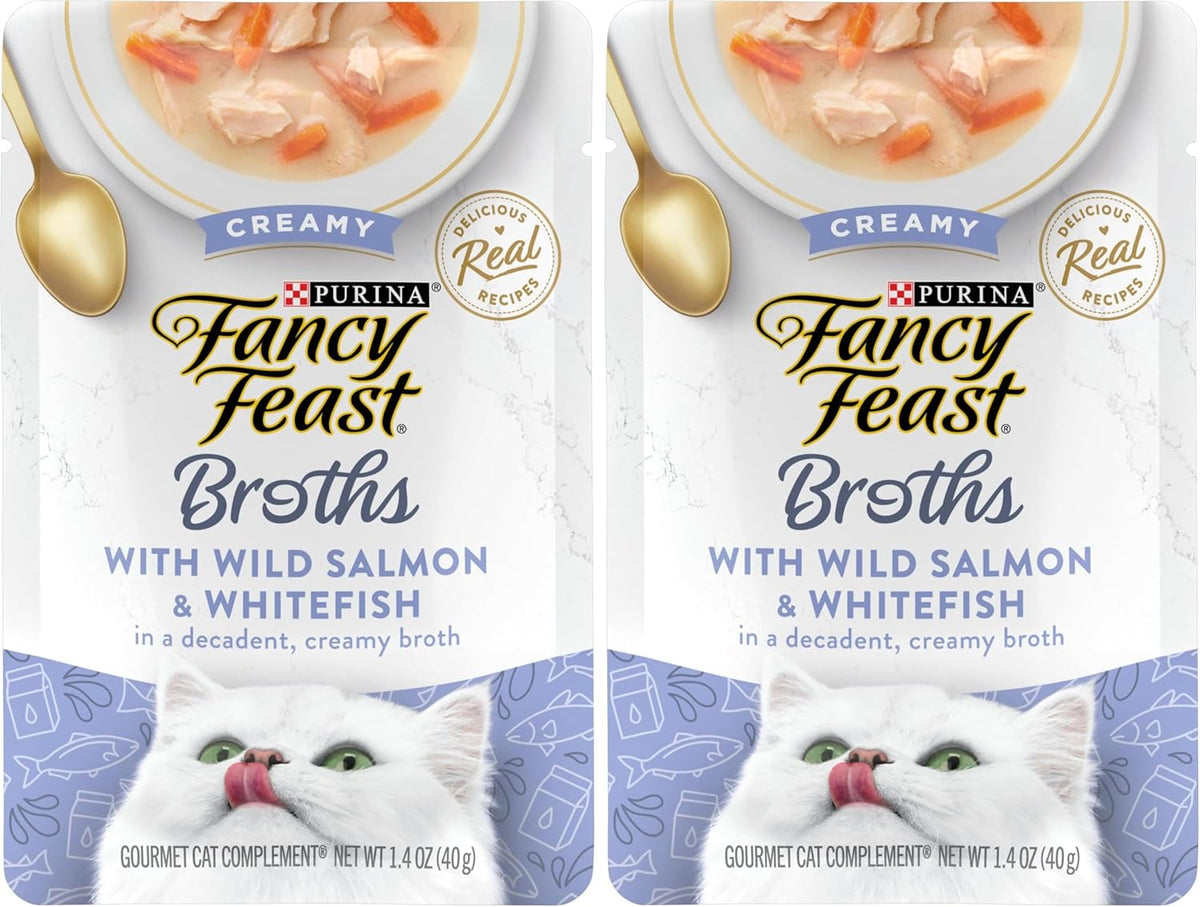 Purina Fancy Feast Creamy Broth With Wild Salmon and Whitefish, Gourmet Lickable Cat Food Topper, Pack of 16, 1.4 oz. Pouches - Image 9