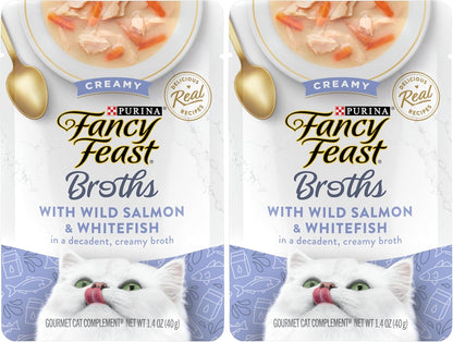 Purina Fancy Feast Creamy Broth With Wild Salmon and Whitefish, Gourmet Lickable Cat Food Topper, Pack of 16, 1.4 oz. Pouches - Image 9