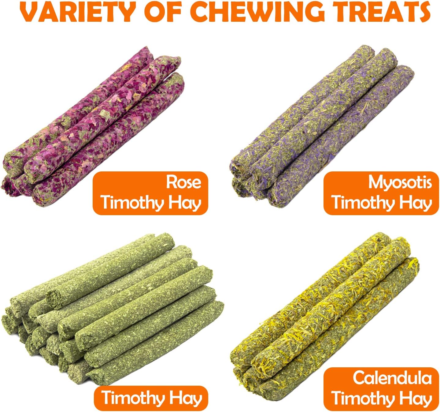 Four distinct flavors of natural small pet chew sticks arranged neatly to show textures.