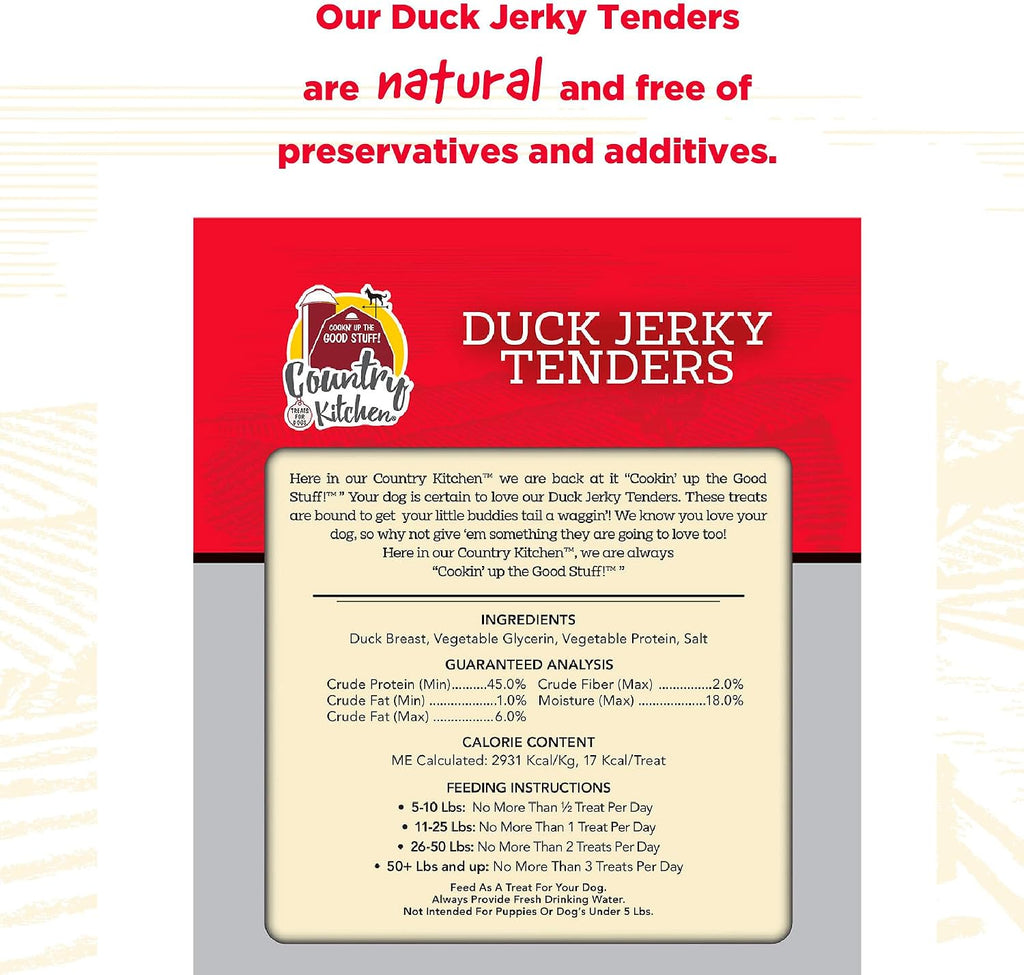 Side view of Country Kitchen duck jerky tender dog treats package