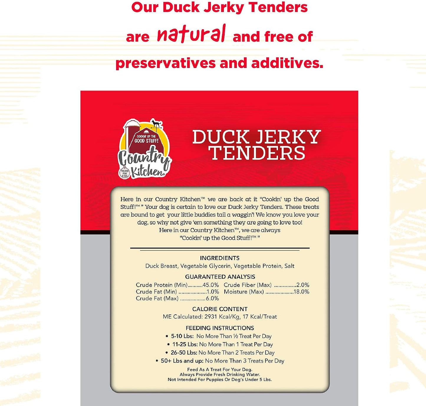Side view of Country Kitchen duck jerky tender dog treats package