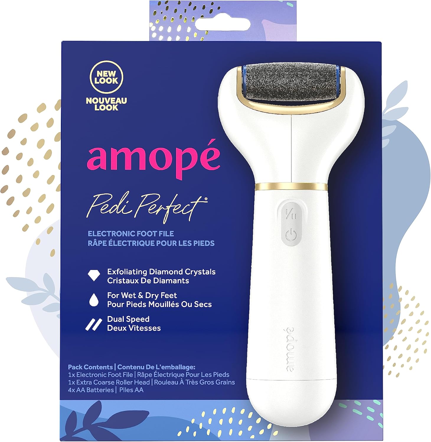 Amope Pedi Perfect Electric Callus Remover Foot File front view showing the white and gold ergonomic handle.