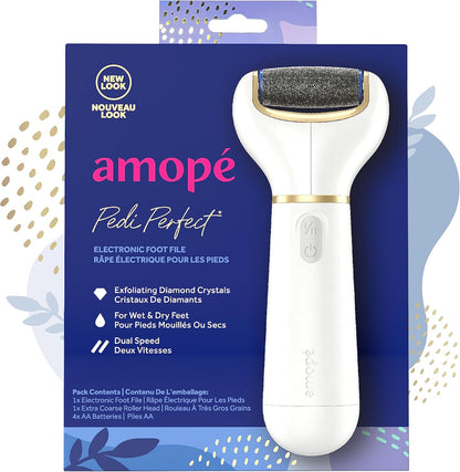Amope Pedi Perfect Electric Callus Remover Foot File front view showing the white and gold ergonomic handle.