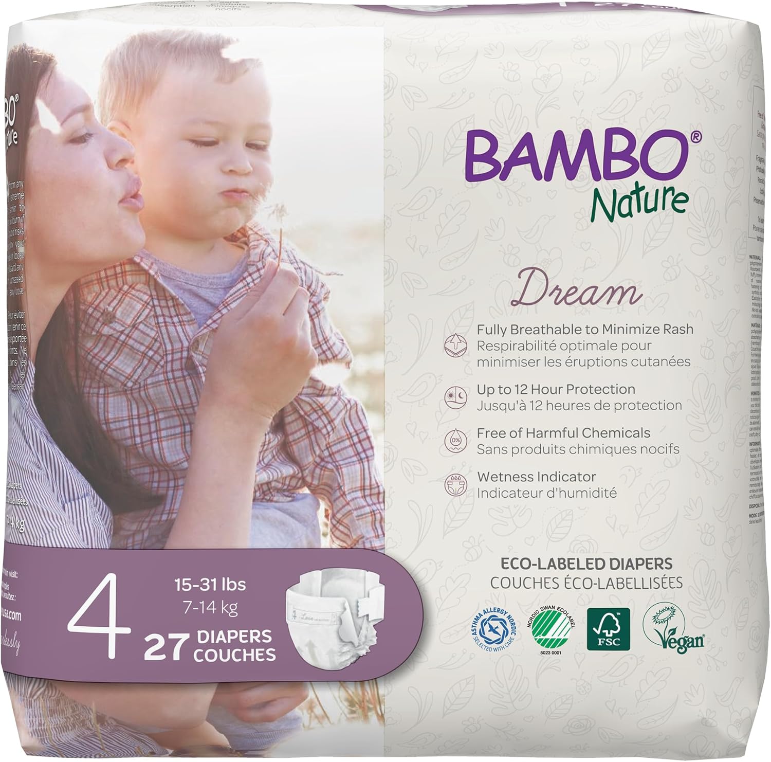 Bambo Nature Hypoallergenic Baby Diapers Size 4 front packaging view showcasing the eco-friendly design logos.