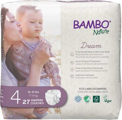 Bambo Nature Hypoallergenic Baby Diapers Size 4 front packaging view showcasing the eco-friendly design logos.
