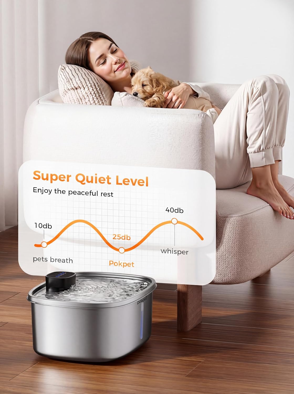 Close up of motion sensor pet water fountain feature