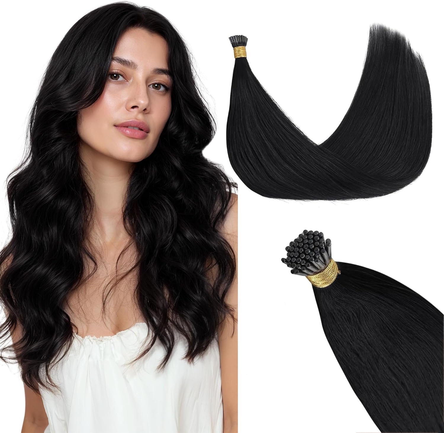 GOO GOO I Tip Hair Extensions front view showing long straight real human hair strands.