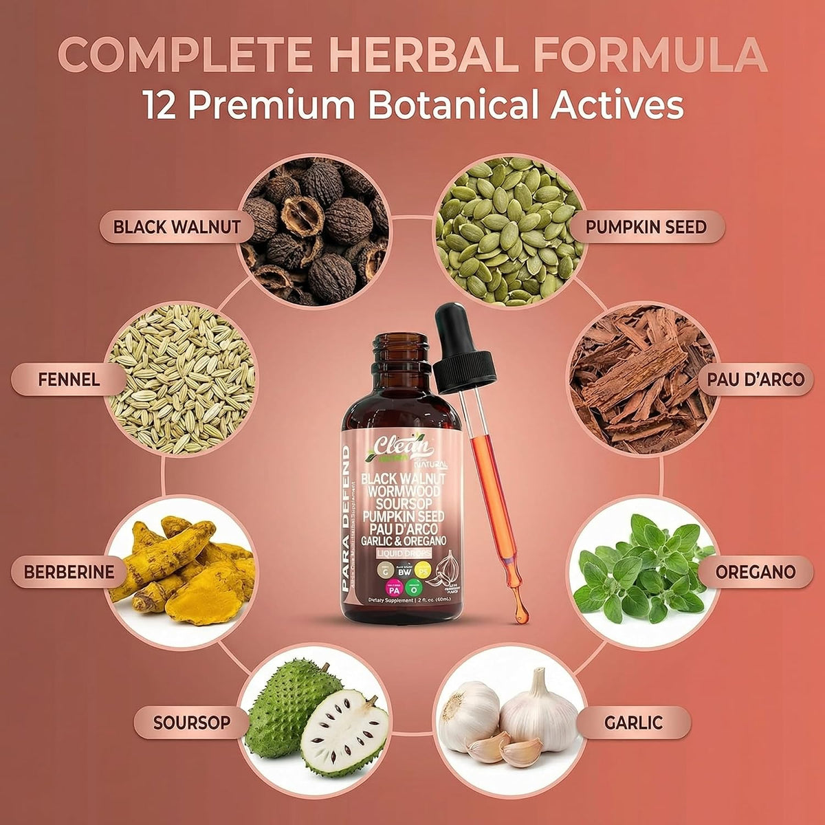 para Defend Wormwood Black Walnut Cleanse for Humans Drops Liquid Soursop Garlic Pumpkin Seed PAU D'Arco Oil of Oregano Turmeric Berberine Neem Extract Hull Bark Tincture by Clean Nutra - Image 4