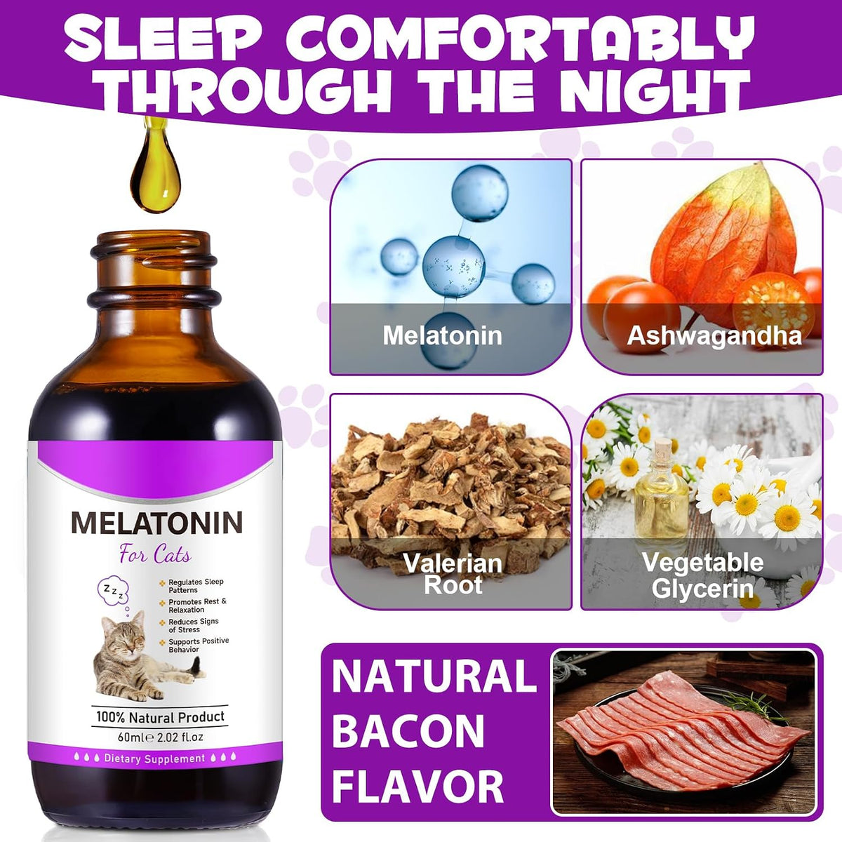 Anxiety relief drops for cats calming liquid formula packaging details