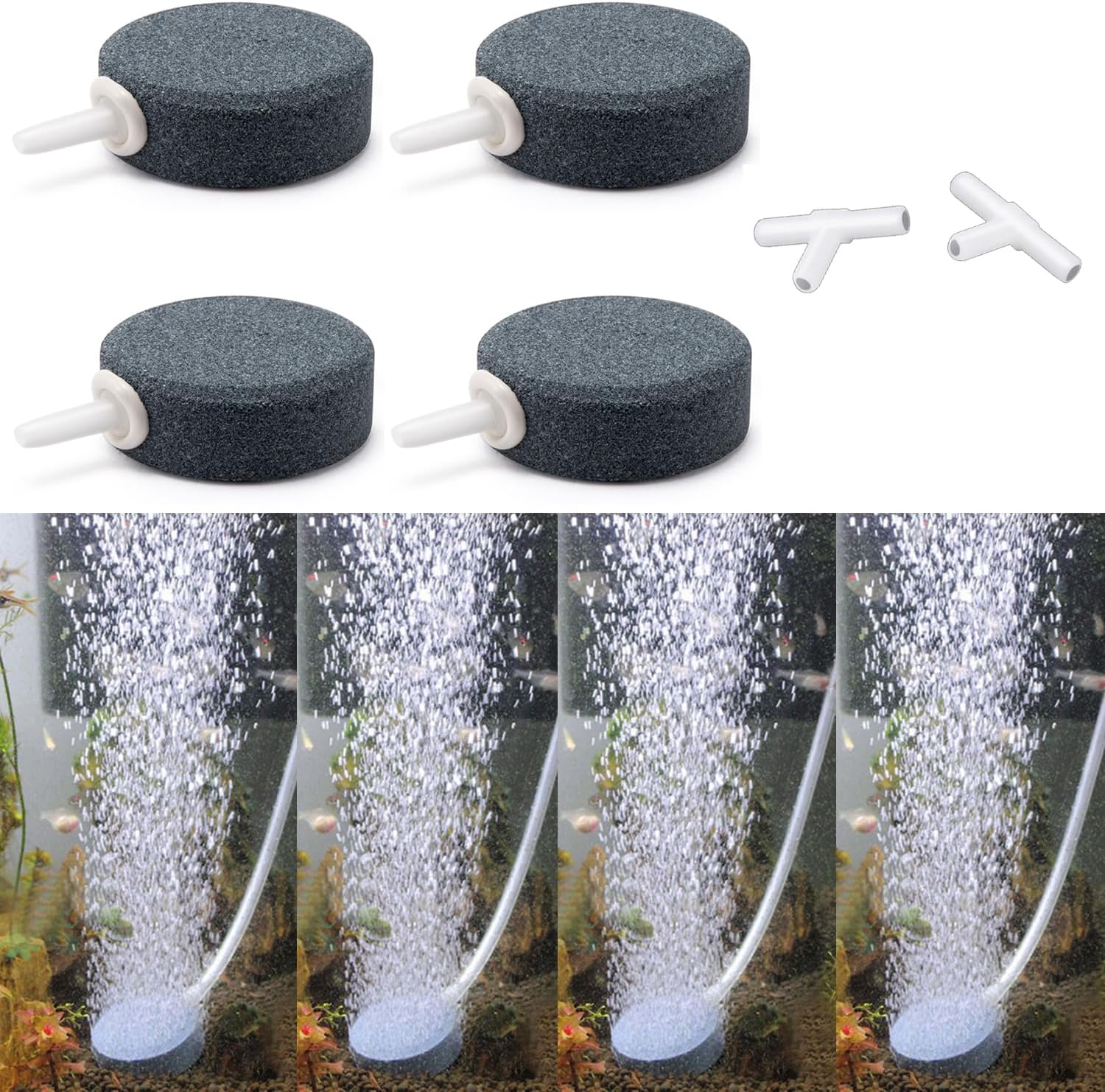 Wenshall aquarium air stone pack front view showing four round grey mineral diffusers for fish tank aeration.