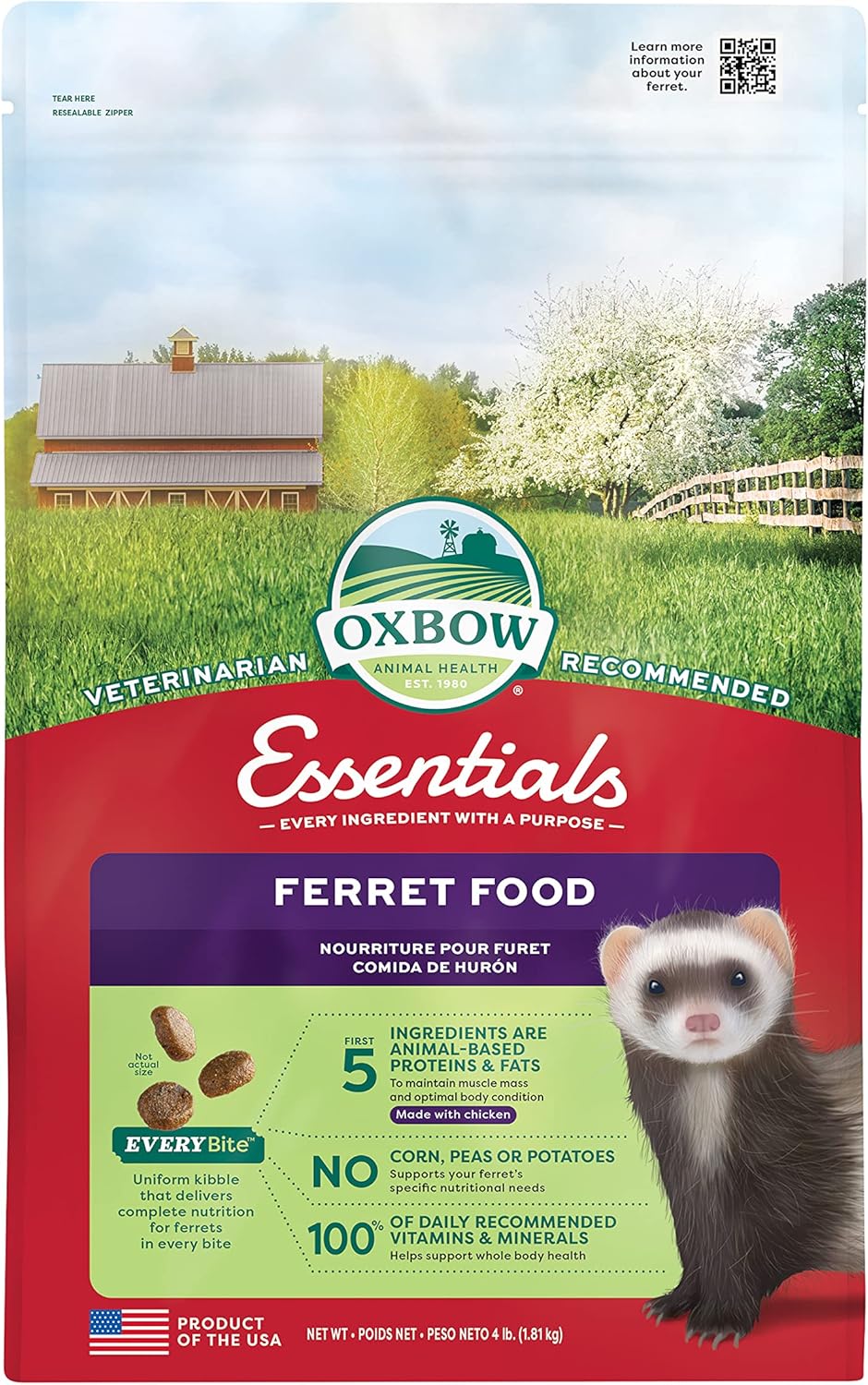 Oxbow Essentials Ferret Food front packaging view showcasing high protein formula