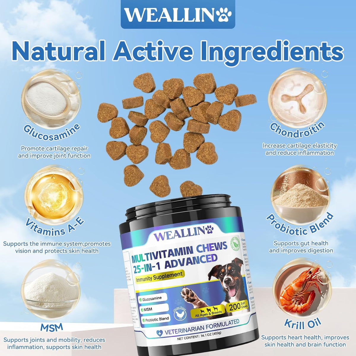 Weallin 25-in-1 dog vitamin container label details