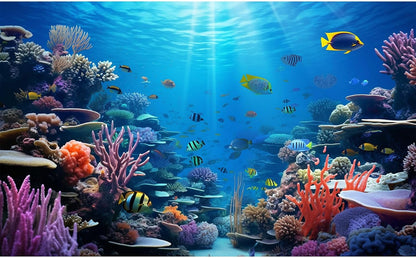 Under the sea tropical fish backdrop under bright aquarium lighting