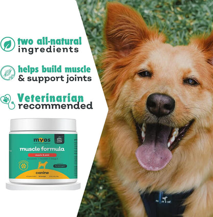 Authentic MYOS Fortetropin and Green Lipped Mussel supplement container for pet health.