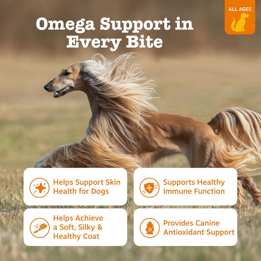 Zesty Paws Omega Bites chicken flavor soft chews container displaying product benefits for pet joint health.