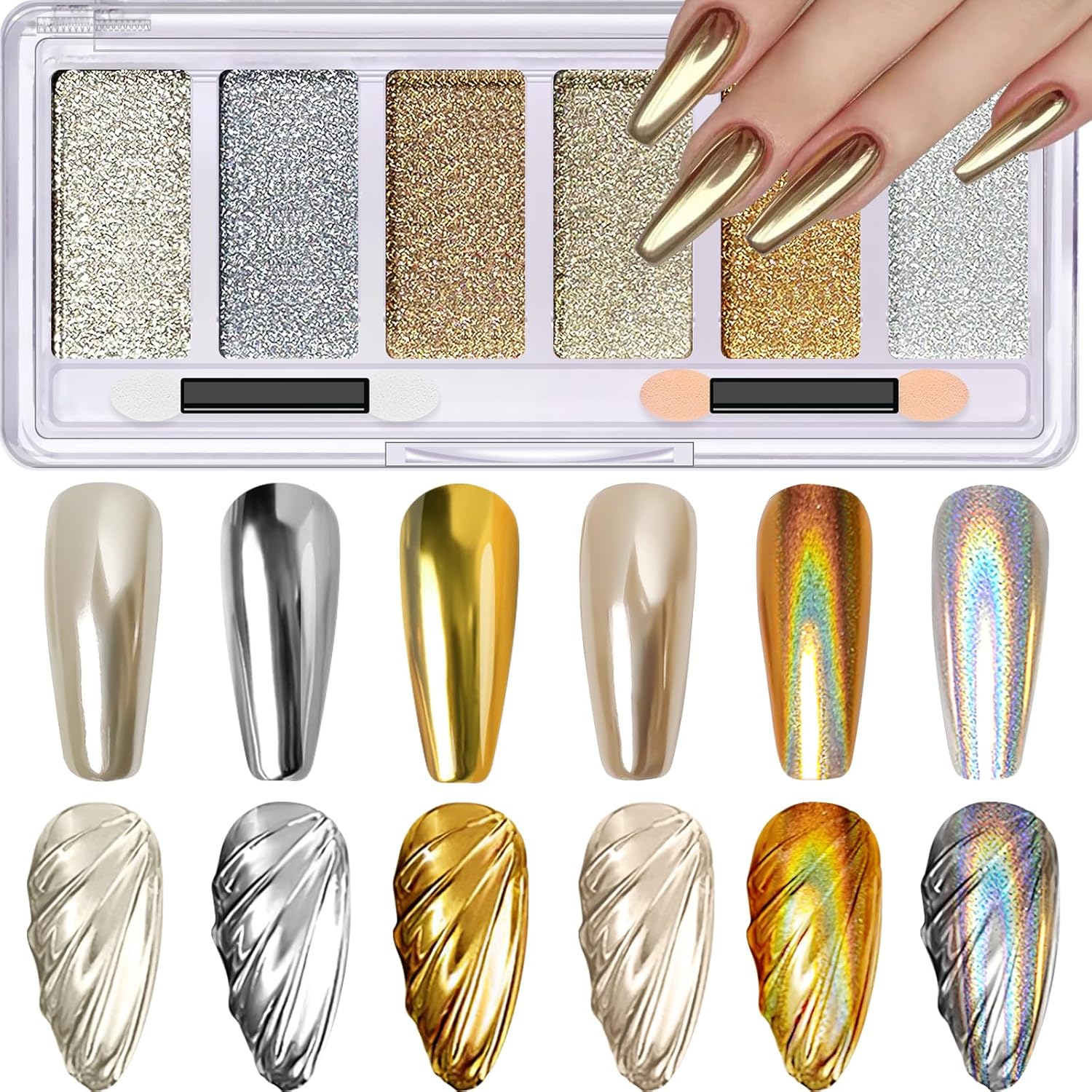 Gold Silver Chrome Nail Powder, 6 Colors Holographic Unicorn Iridescent Nail Chrome Powder, Metallic Mirror Effect Light Gold Champagne Chrome Powder Palette Pigment Glitter for Nail Art - Image 1