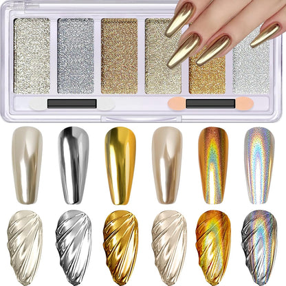 Gold Silver Chrome Nail Powder, 6 Colors Holographic Unicorn Iridescent Nail Chrome Powder, Metallic Mirror Effect Light Gold Champagne Chrome Powder Palette Pigment Glitter for Nail Art - Image 1