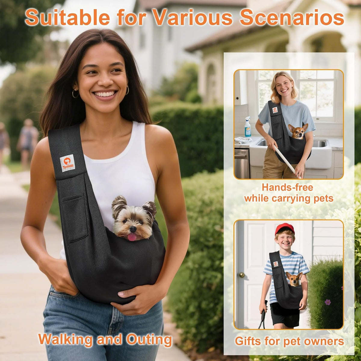 Tomkas pet carrier sling showing front storage pocket