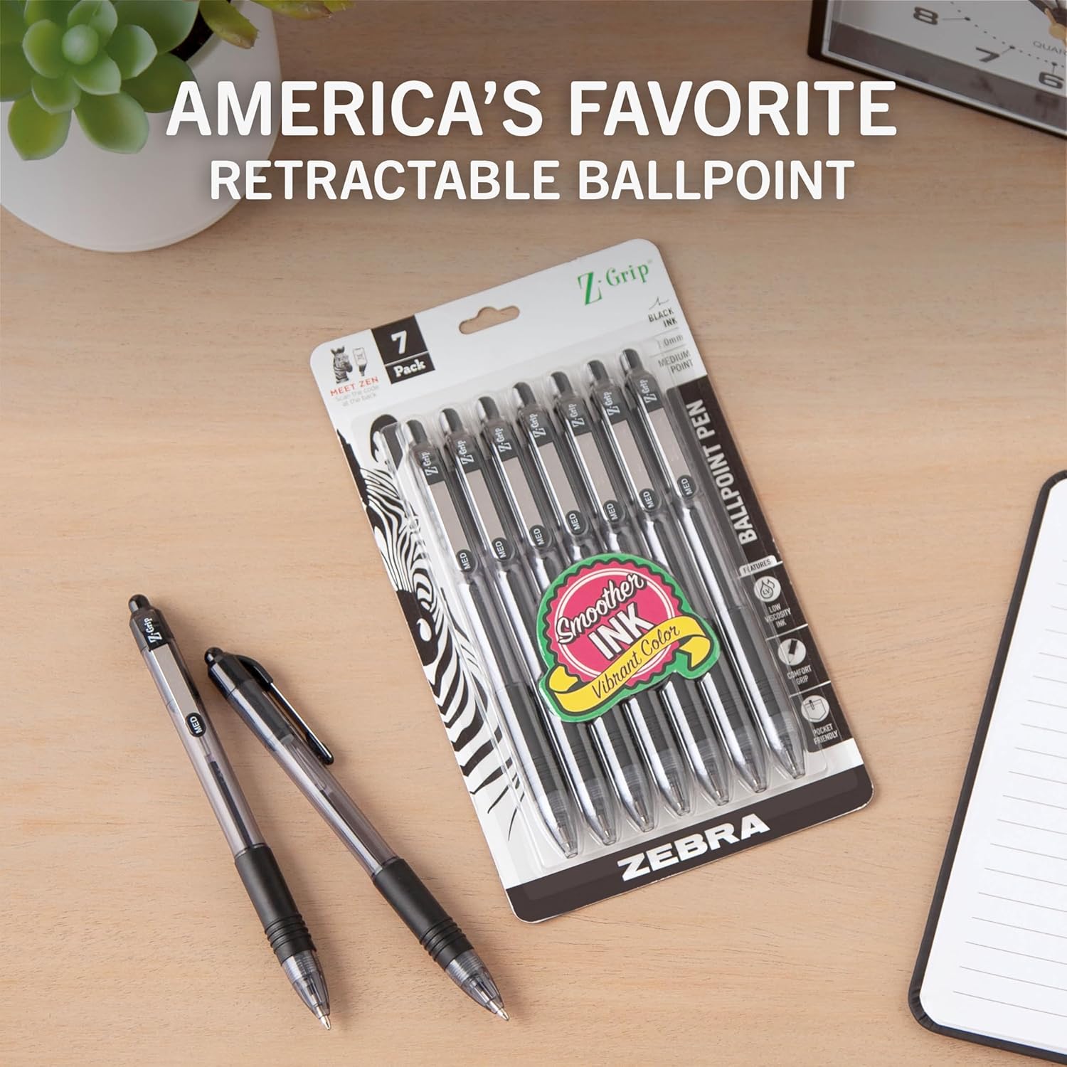 Zebra Z-Grip black ink pens showing the comfortable ribbed rubber grip