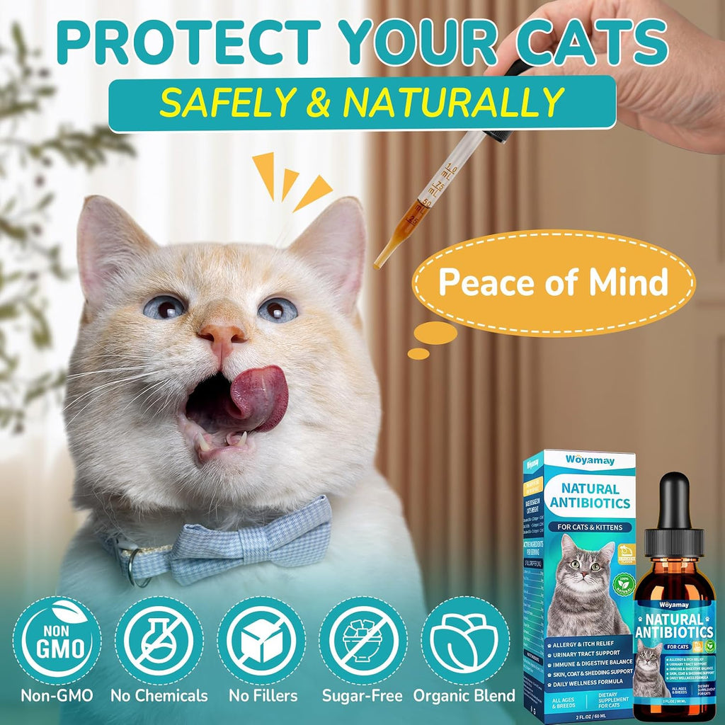 Side view of Woyamay natural allergy drops for cats showing fluid ounce measurements.