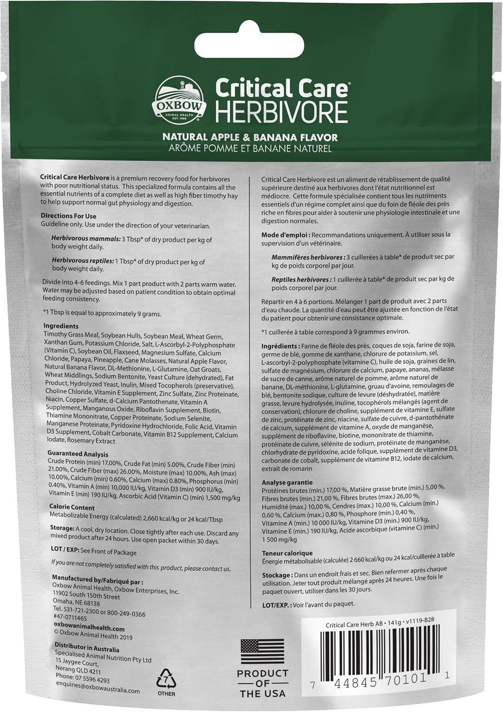 Oxbow recovery supplement powder back label details