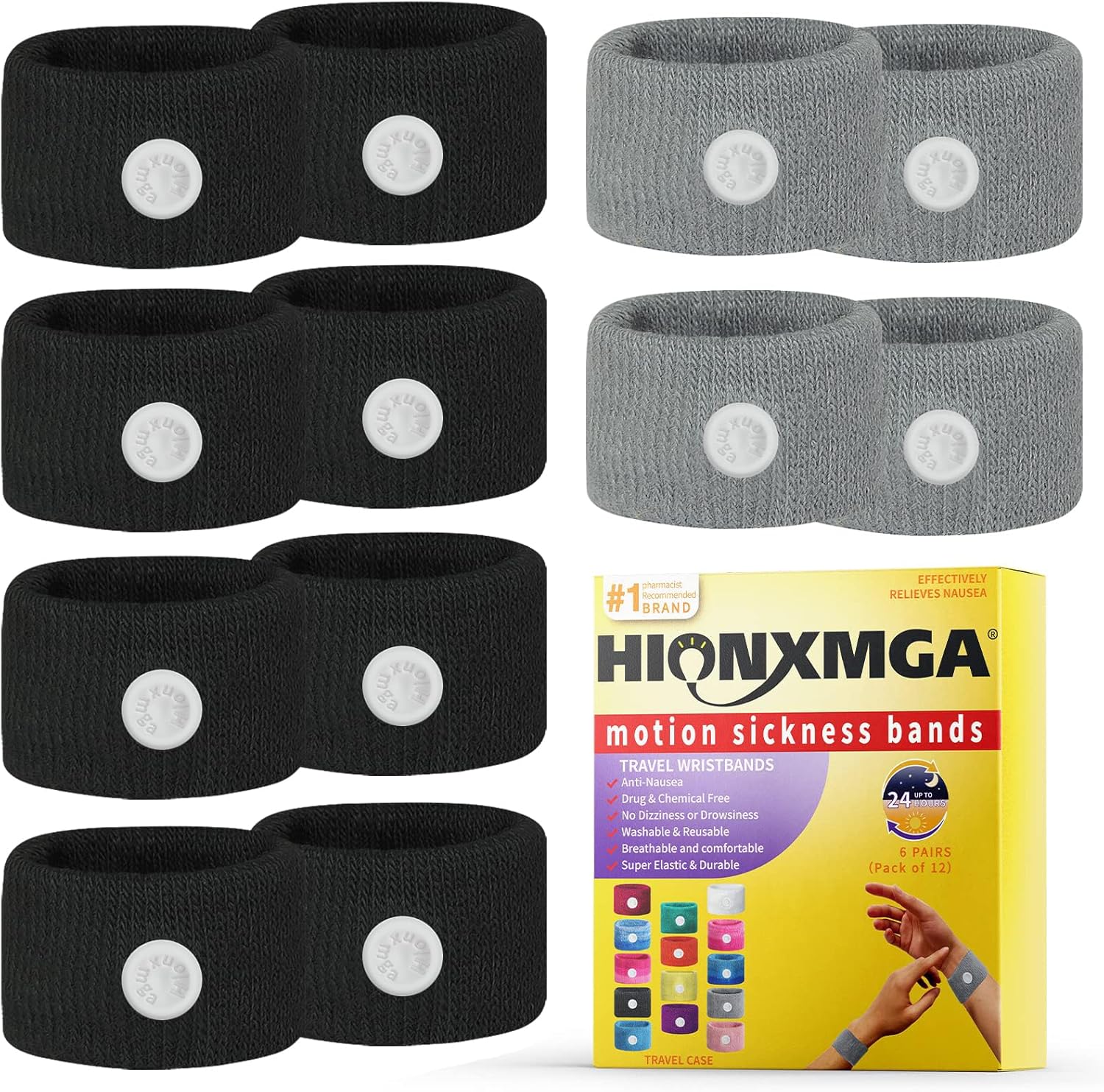 HIONXMGA motion sickness bands box and product front view showcasing natural nausea relief wristbands.