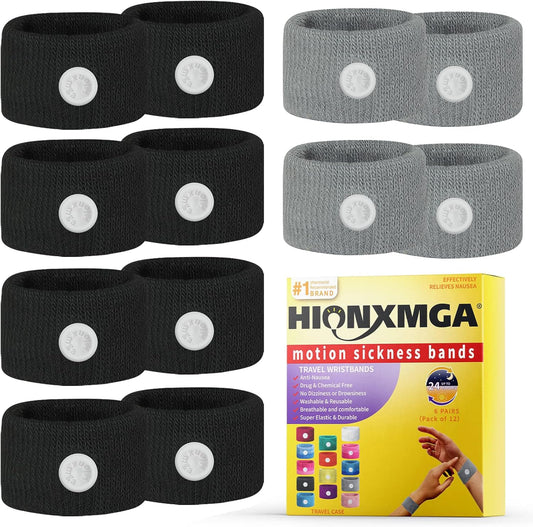 HIONXMGA motion sickness bands box and product front view showcasing natural nausea relief wristbands.