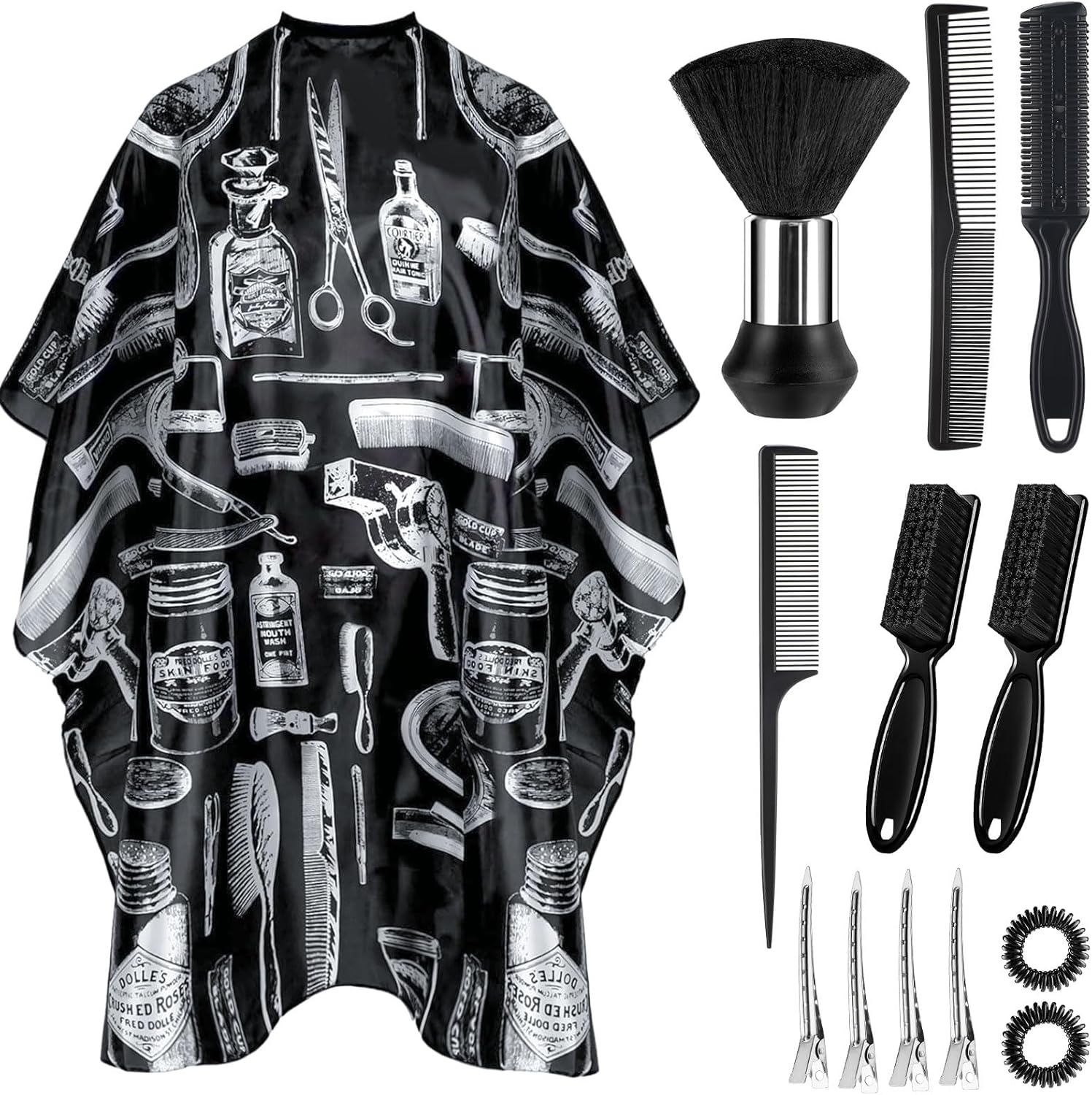 JZko professional thirteen piece barber cape set front view showing black vintage print salon gown