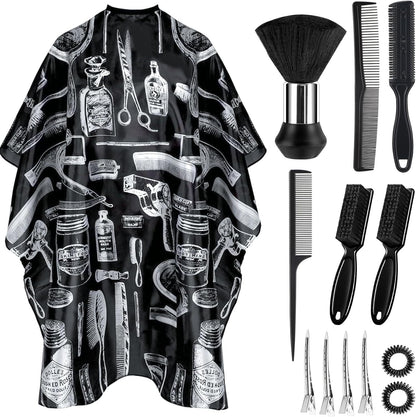JZko professional thirteen piece barber cape set front view showing black vintage print salon gown