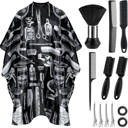 JZko professional thirteen piece barber cape set front view showing black vintage print salon gown