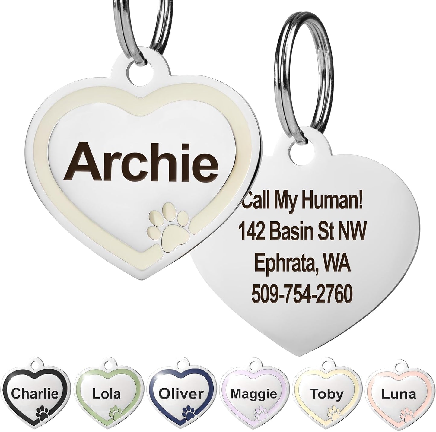 GoTags Stainless Steel Pet ID Bone Round and Heart Shaped Tags with Enamel Paw Design, Personalized Dog and Cat Tags, up to 5 Lines of Custom Text, Engraved on Both Sides (Sage, Regular Bone) - Image 13