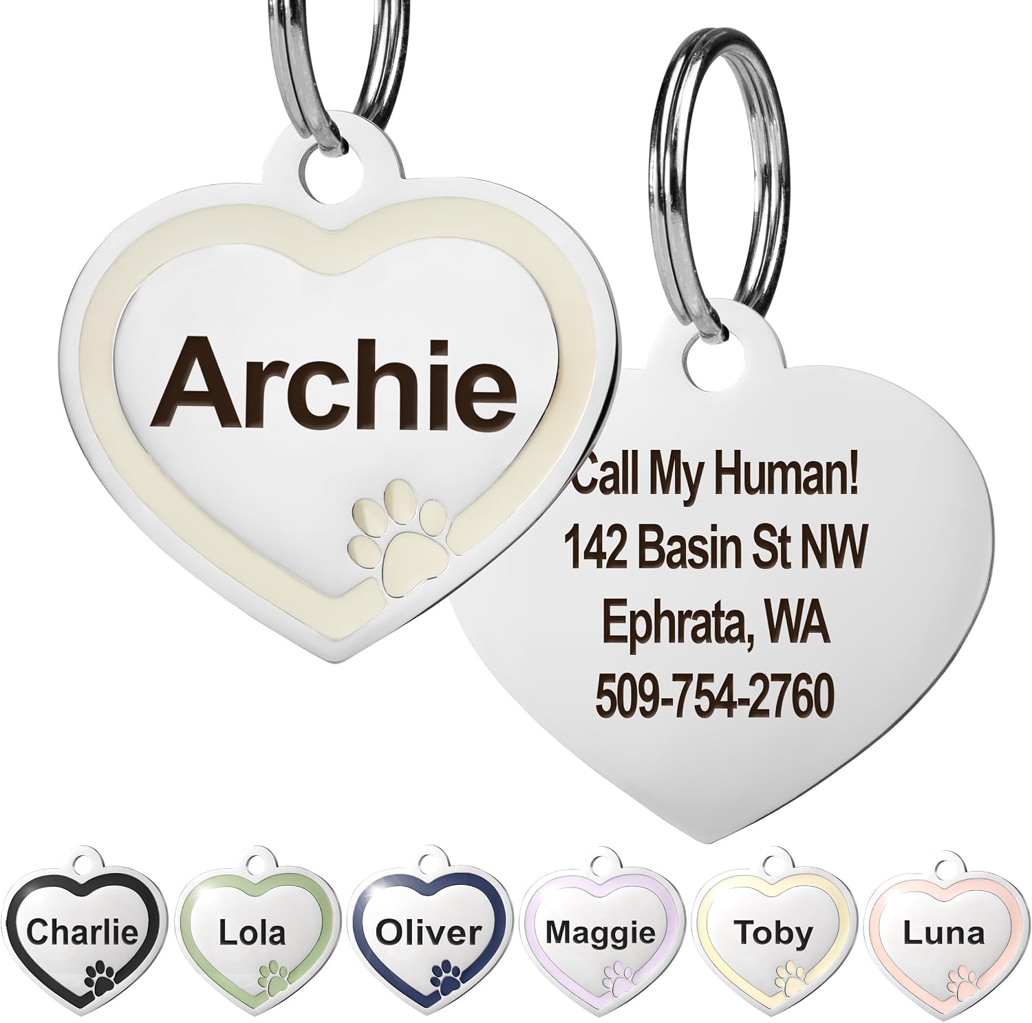 GoTags Stainless Steel Pet ID Bone Round and Heart Shaped Tags with Enamel Paw Design, Personalized Dog and Cat Tags, up to 5 Lines of Custom Text, Engraved on Both Sides (Sage, Regular Bone) - Image 13