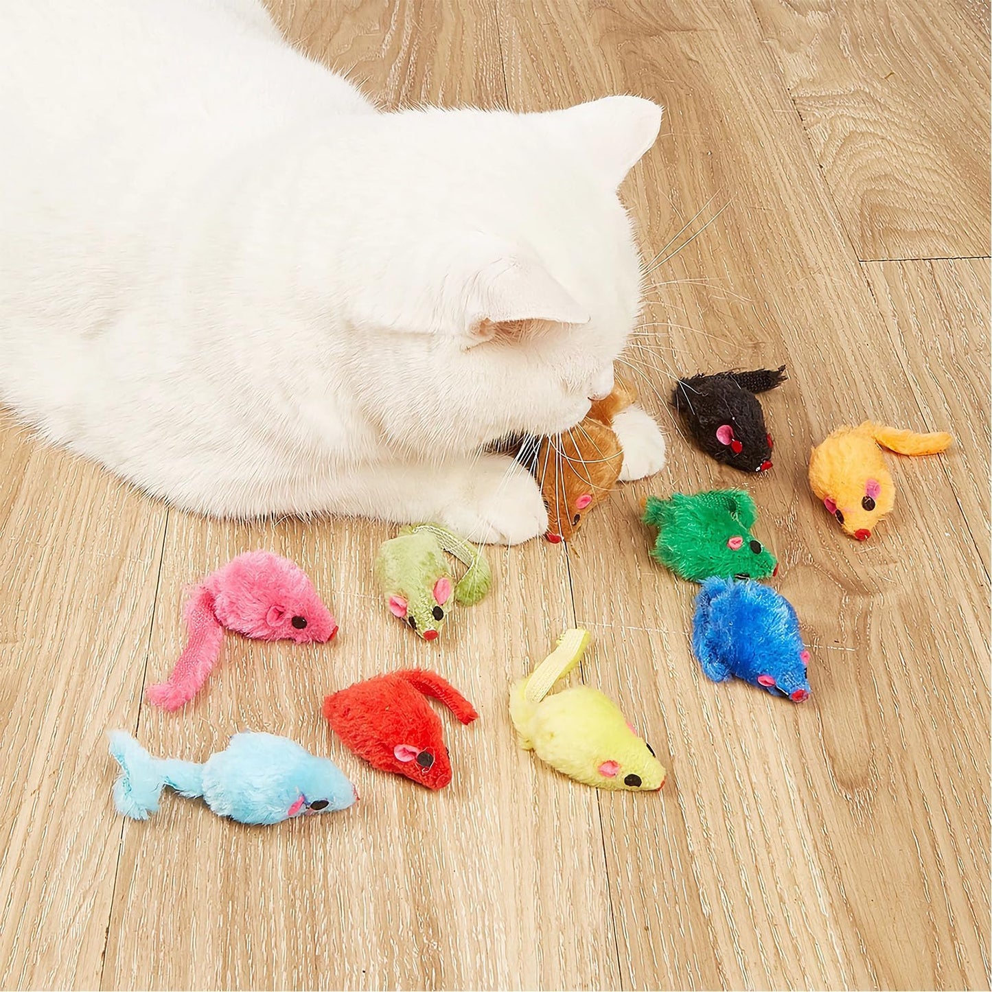 Maiguangta faux fur cat mice toys package layout illustrating assorted vibrant colors.