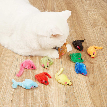 Maiguangta faux fur cat mice toys package layout illustrating assorted vibrant colors.