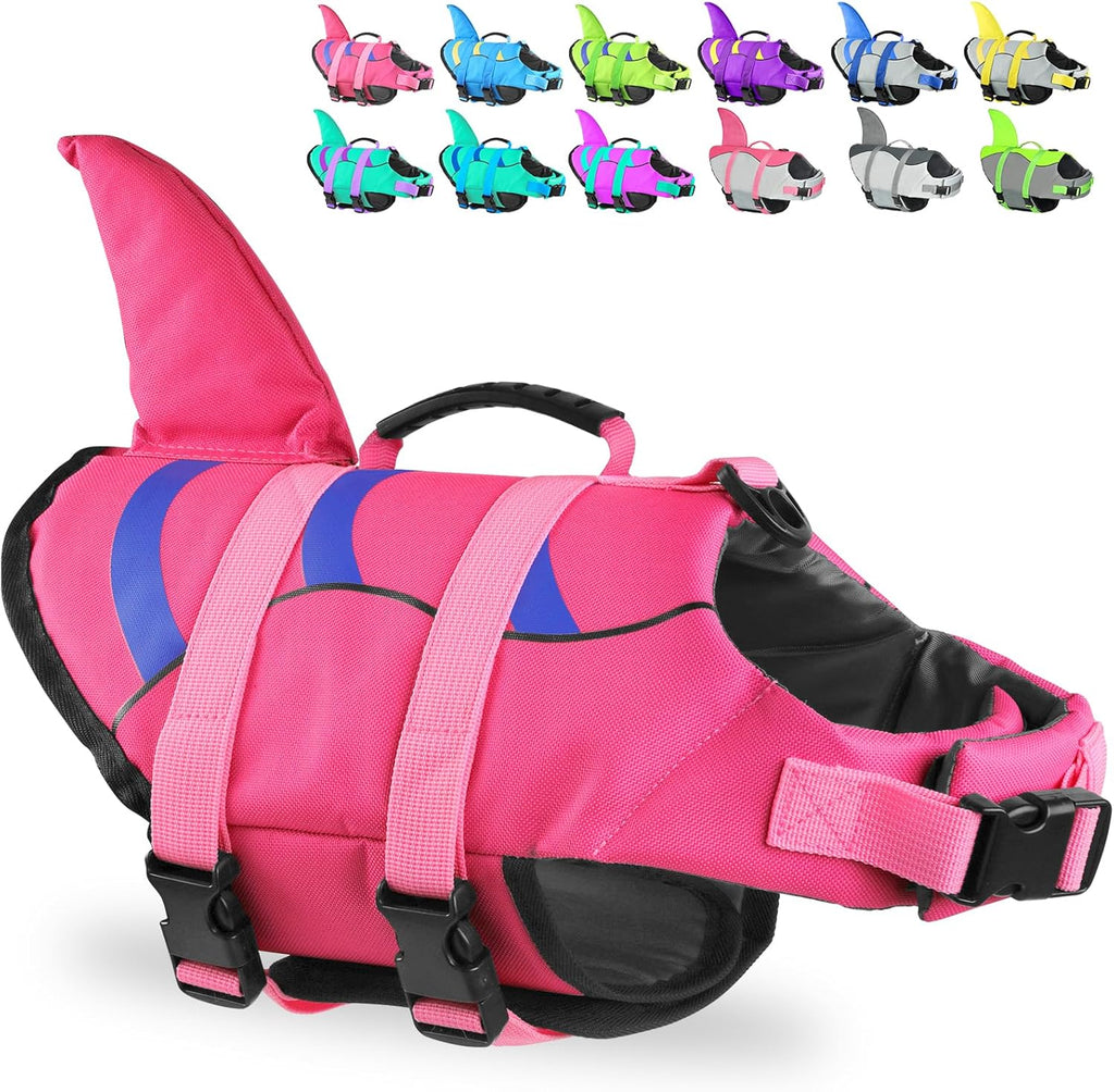 Fragralley dog life jacket shark front view on a swimming dog