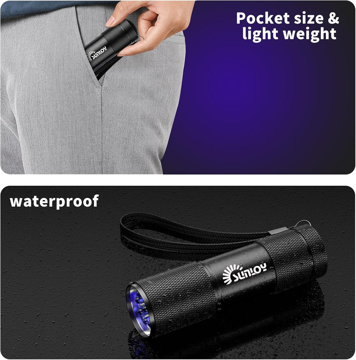Five pack of green mini ultraviolet torches arranged neatly for home hygiene use.