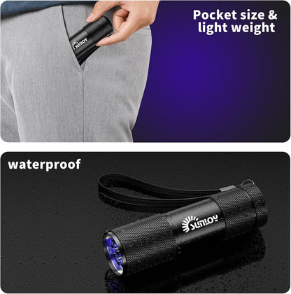 Five pack of green mini ultraviolet torches arranged neatly for home hygiene use.