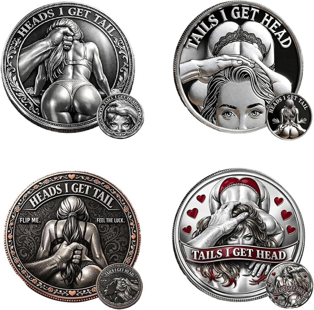 AuoiliouA heads i get tail commemorative coin front view featuring detailed adult novelty engraving